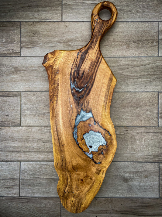 Extra Large Oak Wood and White Pearl Epoxy Resin Charcuterie Board