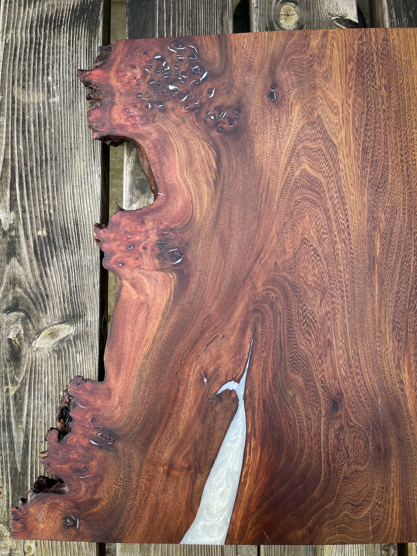 Large Wych Elm Burl and Pearl White Epoxy Resin Charcuterie Board