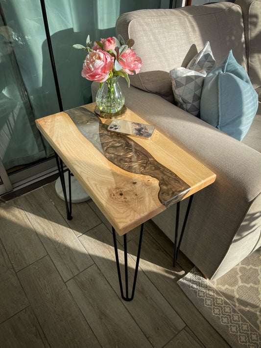 Ash Wood and Golden Chocolate Epoxy Resin River Side Table