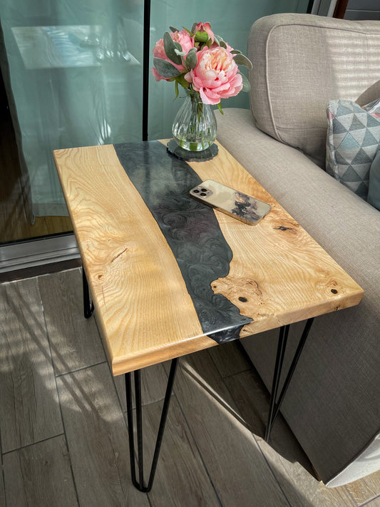 Ash Wood and Grey Epoxy Resin River Side Table