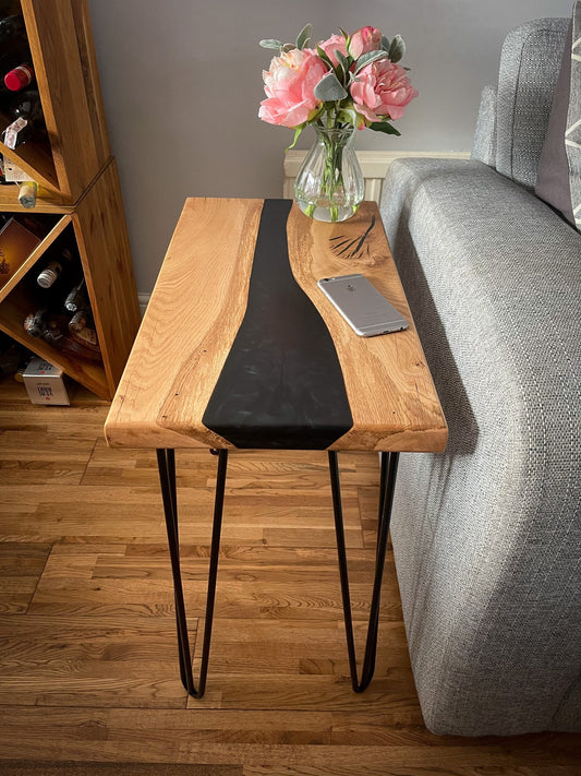 Oak Wood and Black Epoxy Resin River Side Table