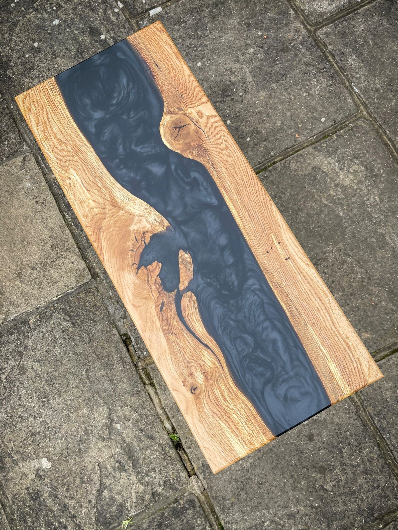 Oak Wood and Black Epoxy Resin River Side Table