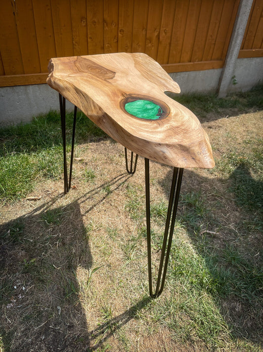 English Walnut and Pickled Green Epoxy Resin Side Table