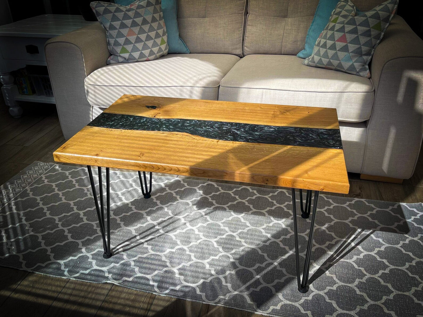 Oak Wood And Black Epoxy Resin River Coffee Table