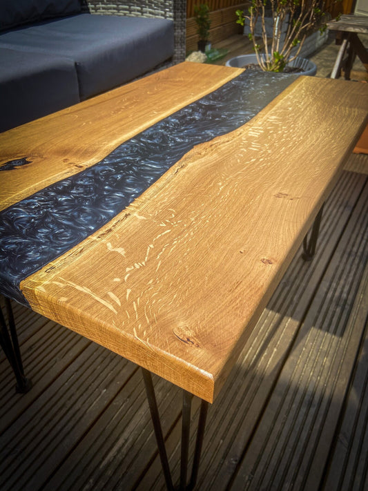 Oak Wood And Black Epoxy Resin River Coffee Table