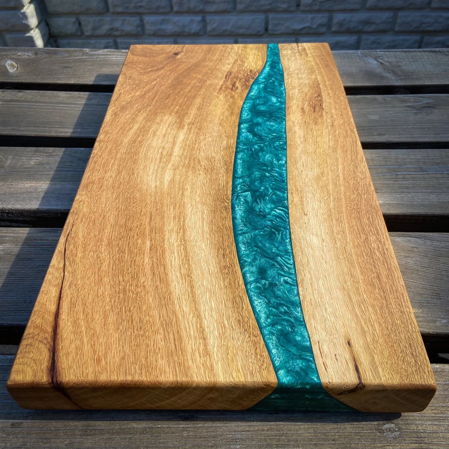 Large Oak Wood and Turquoise Epoxy Resin Charcuterie Board