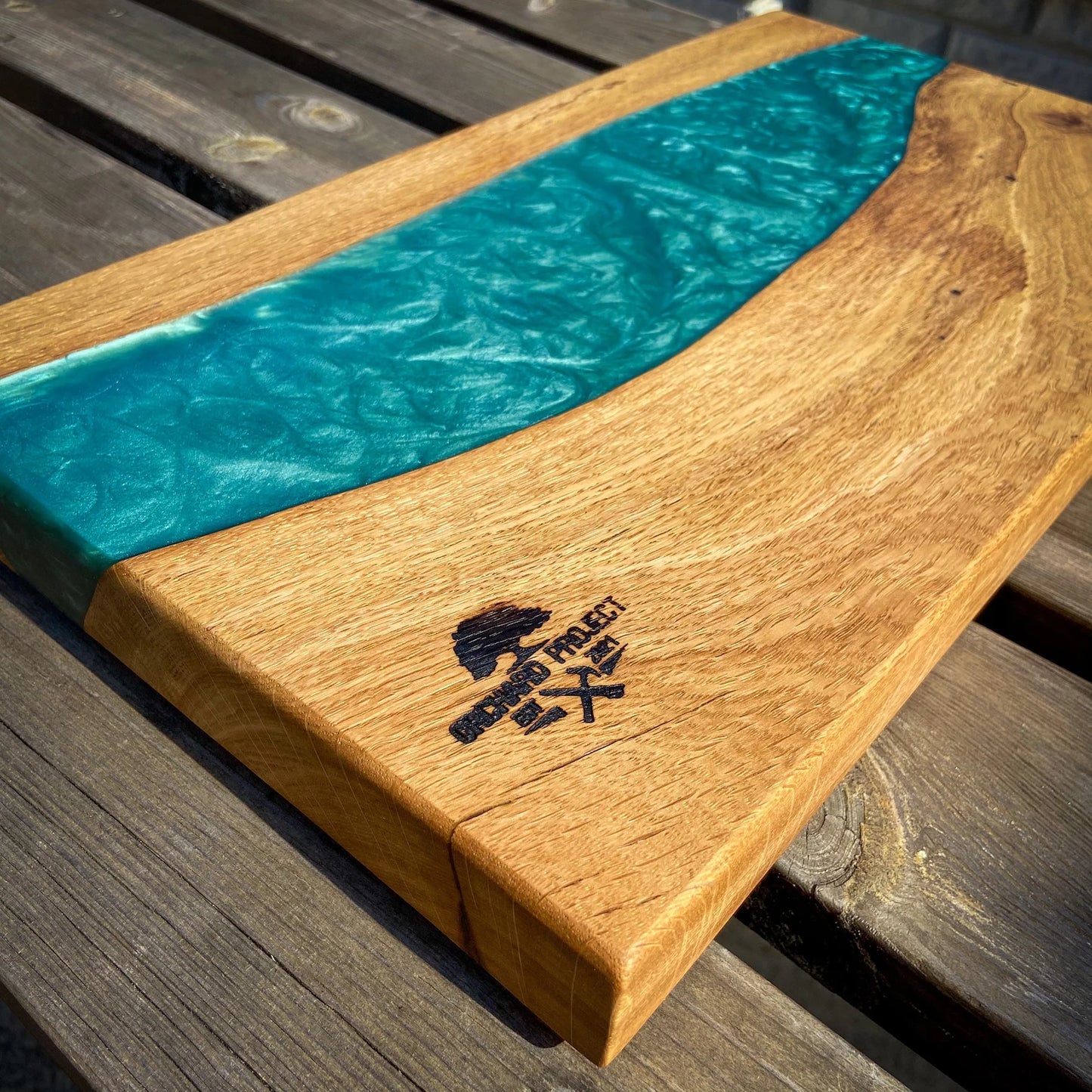 Large Oak Wood and Turquoise Epoxy Resin Charcuterie Board