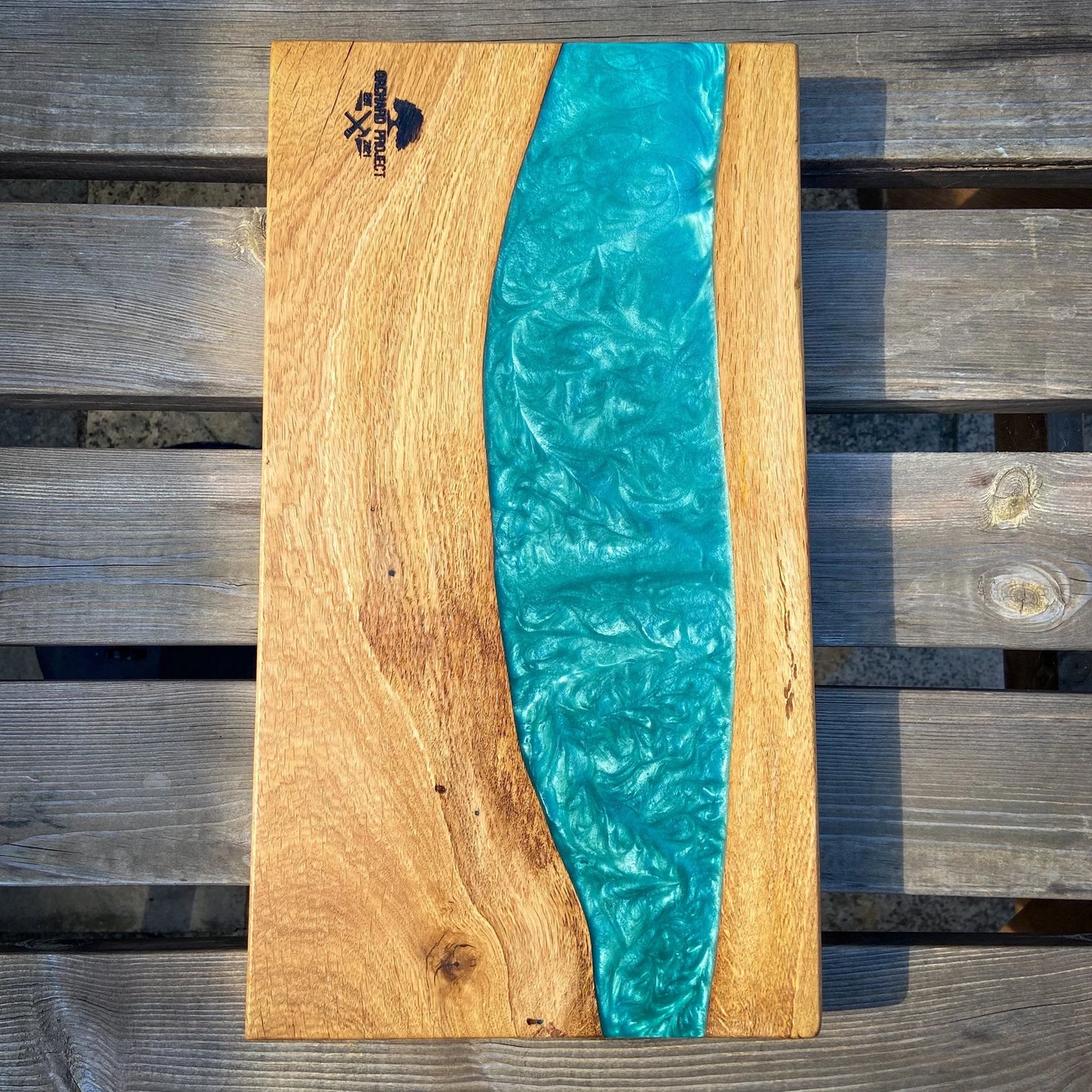 Large Oak Wood and Turquoise Epoxy Resin Charcuterie Board