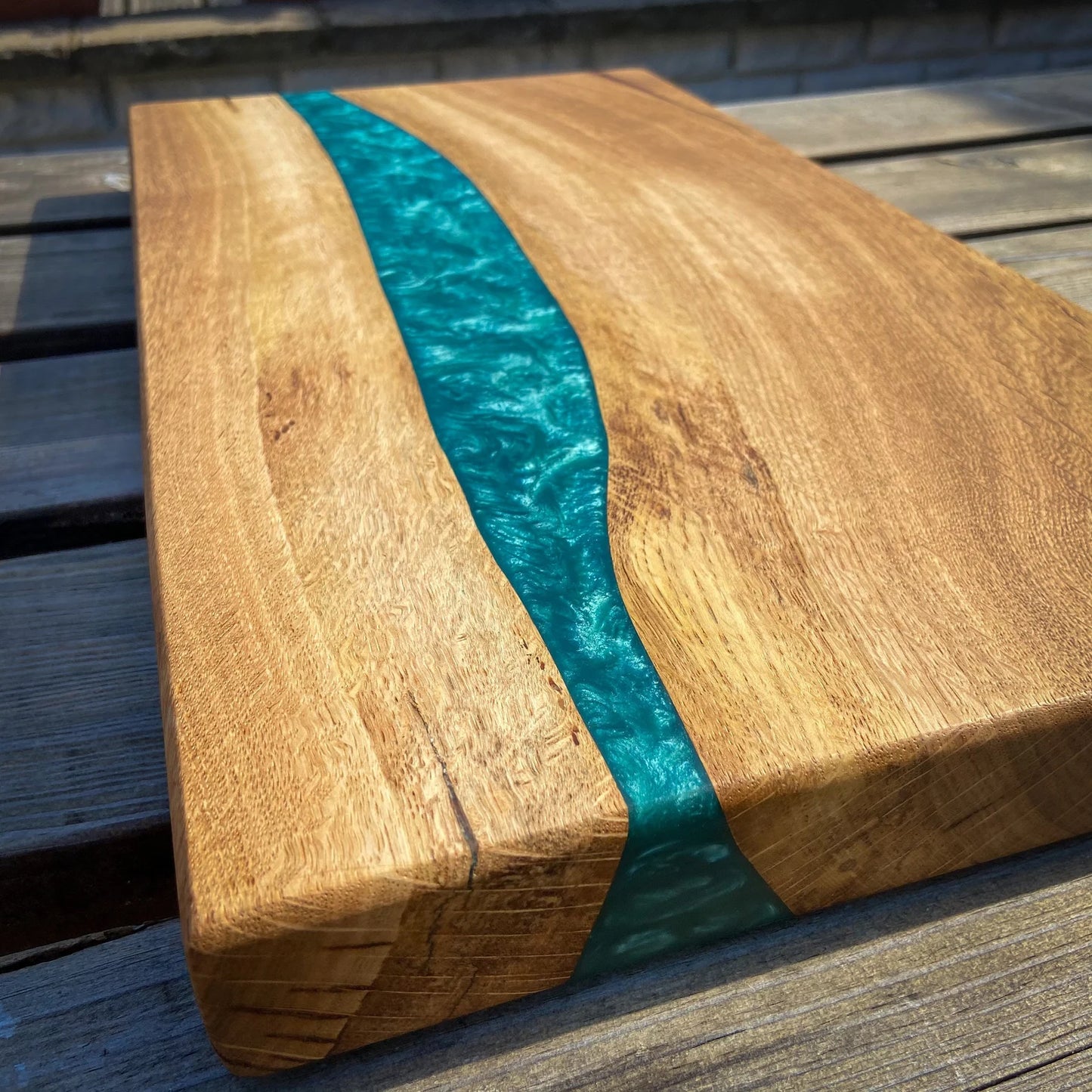 Large Oak Wood and Turquoise Epoxy Resin Charcuterie Board