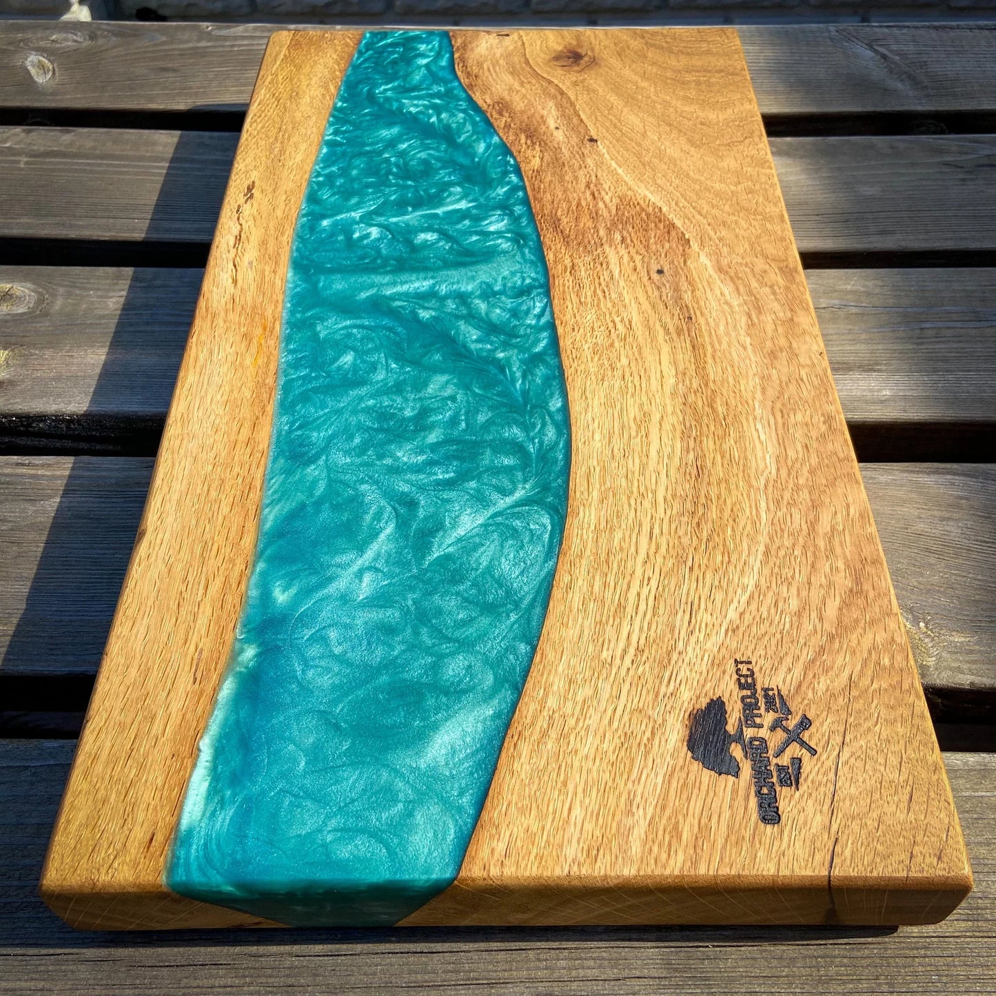Large Oak Wood and Turquoise Epoxy Resin Charcuterie Board