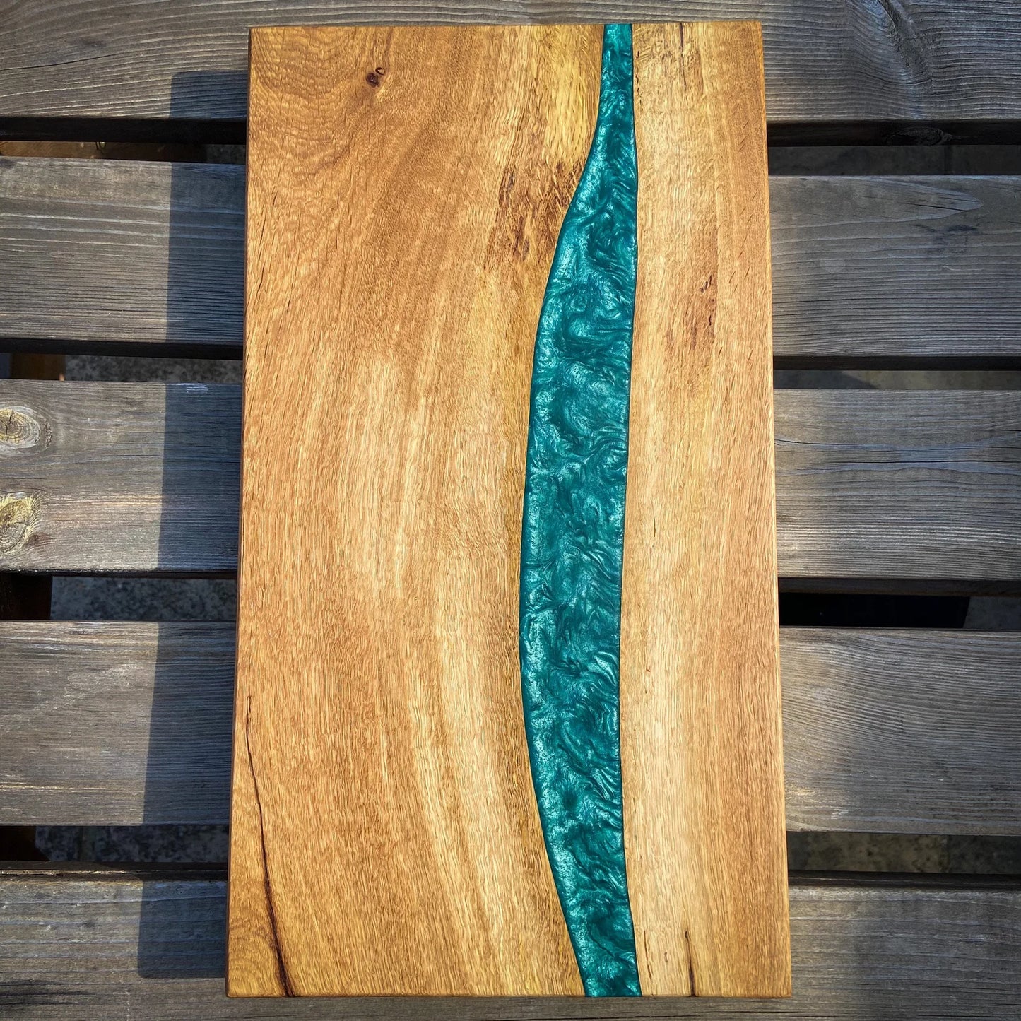 Large Oak Wood and Turquoise Epoxy Resin Charcuterie Board