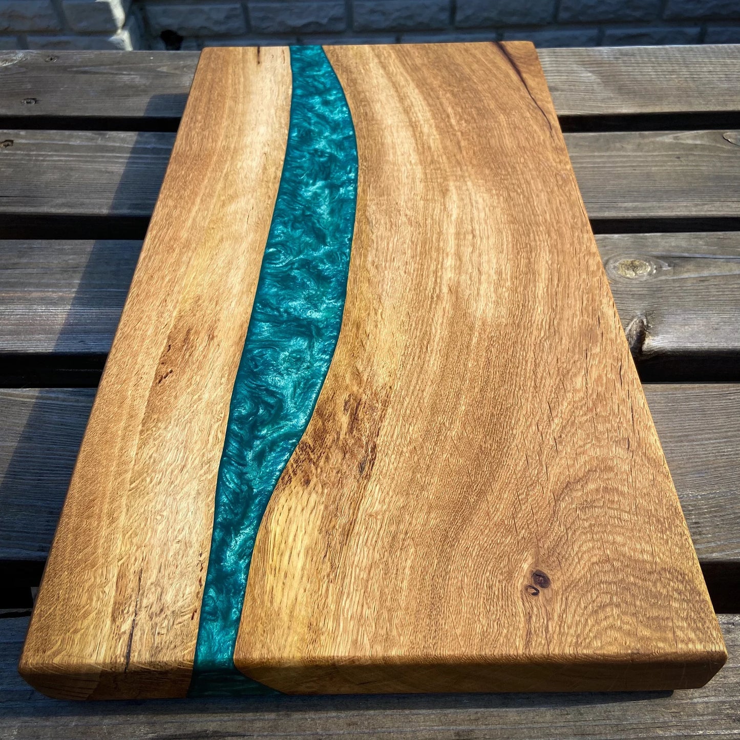 Large Oak Wood and Turquoise Epoxy Resin Charcuterie Board