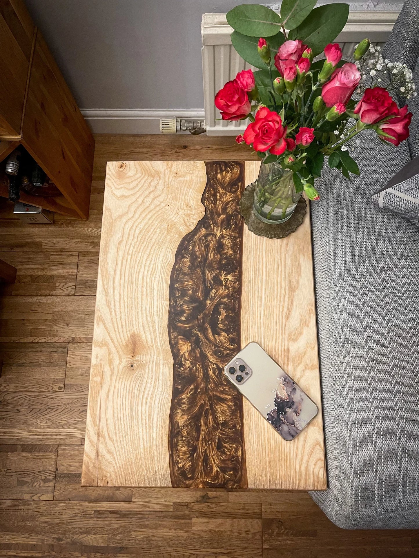 Ash Wood and Golden Bronze Resin River Side Table