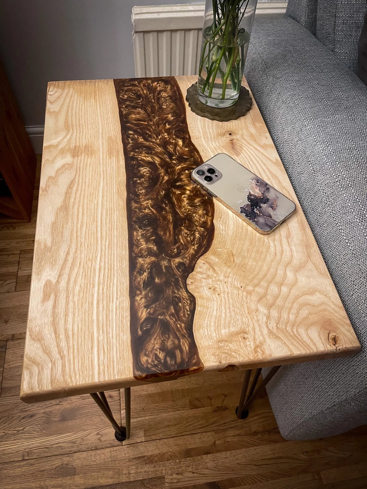 Ash Wood and Golden Bronze Resin River Side Table
