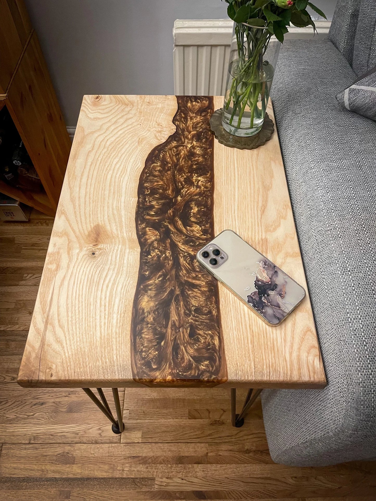 Ash Wood and Golden Bronze Resin River Side Table