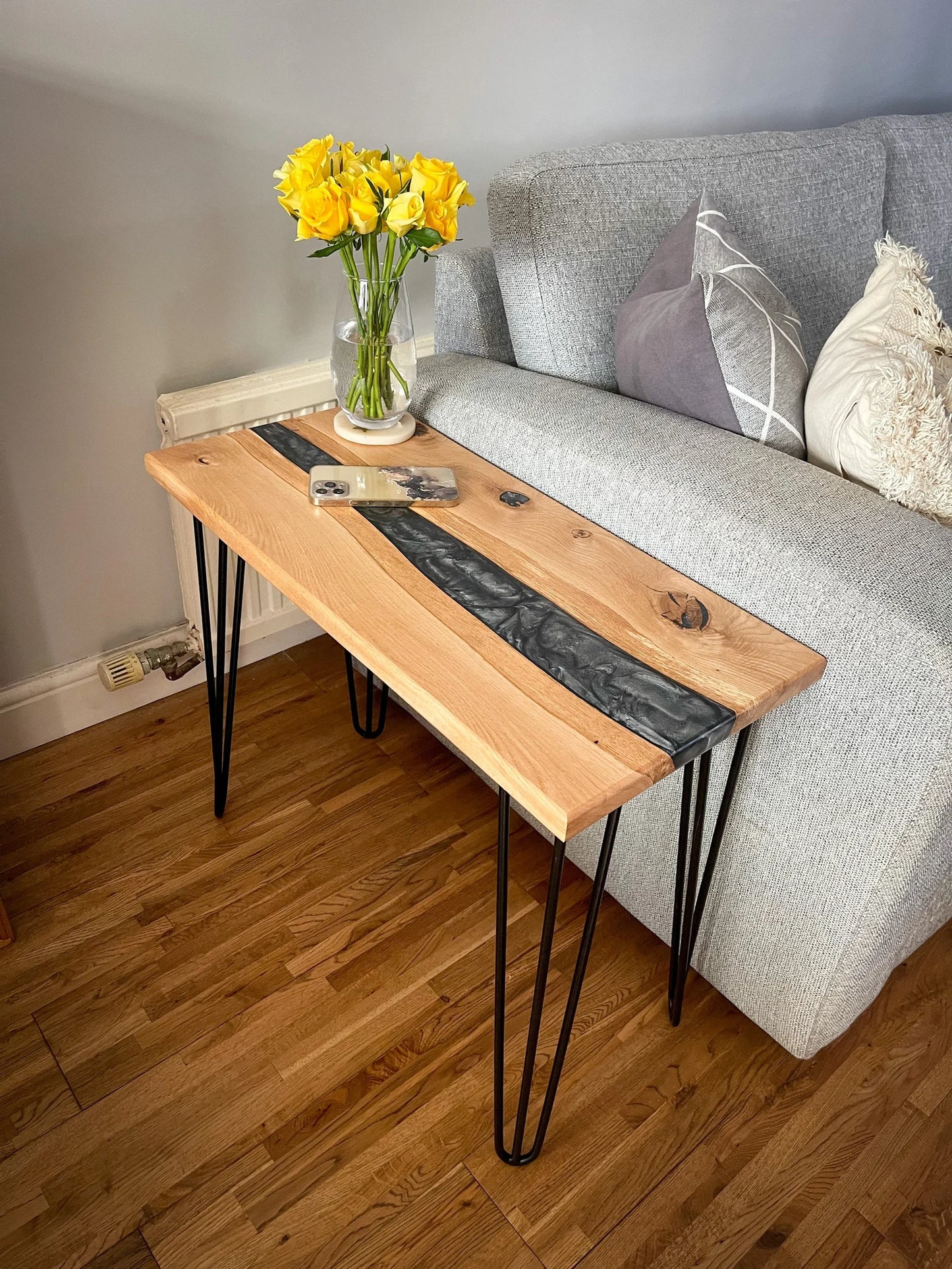 Oak Wood and Smoked Silver Epoxy Resin River Side Table