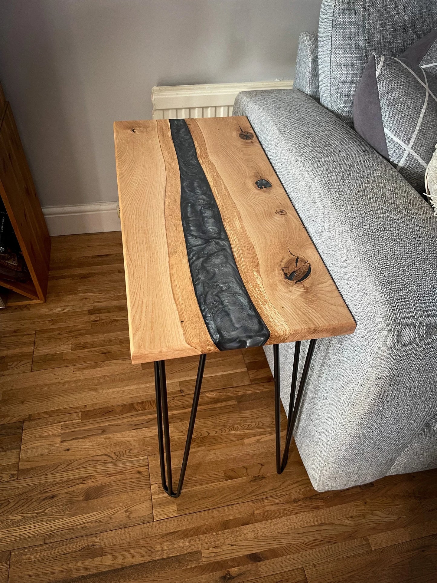 Oak Wood and Smoked Silver Epoxy Resin River Side Table