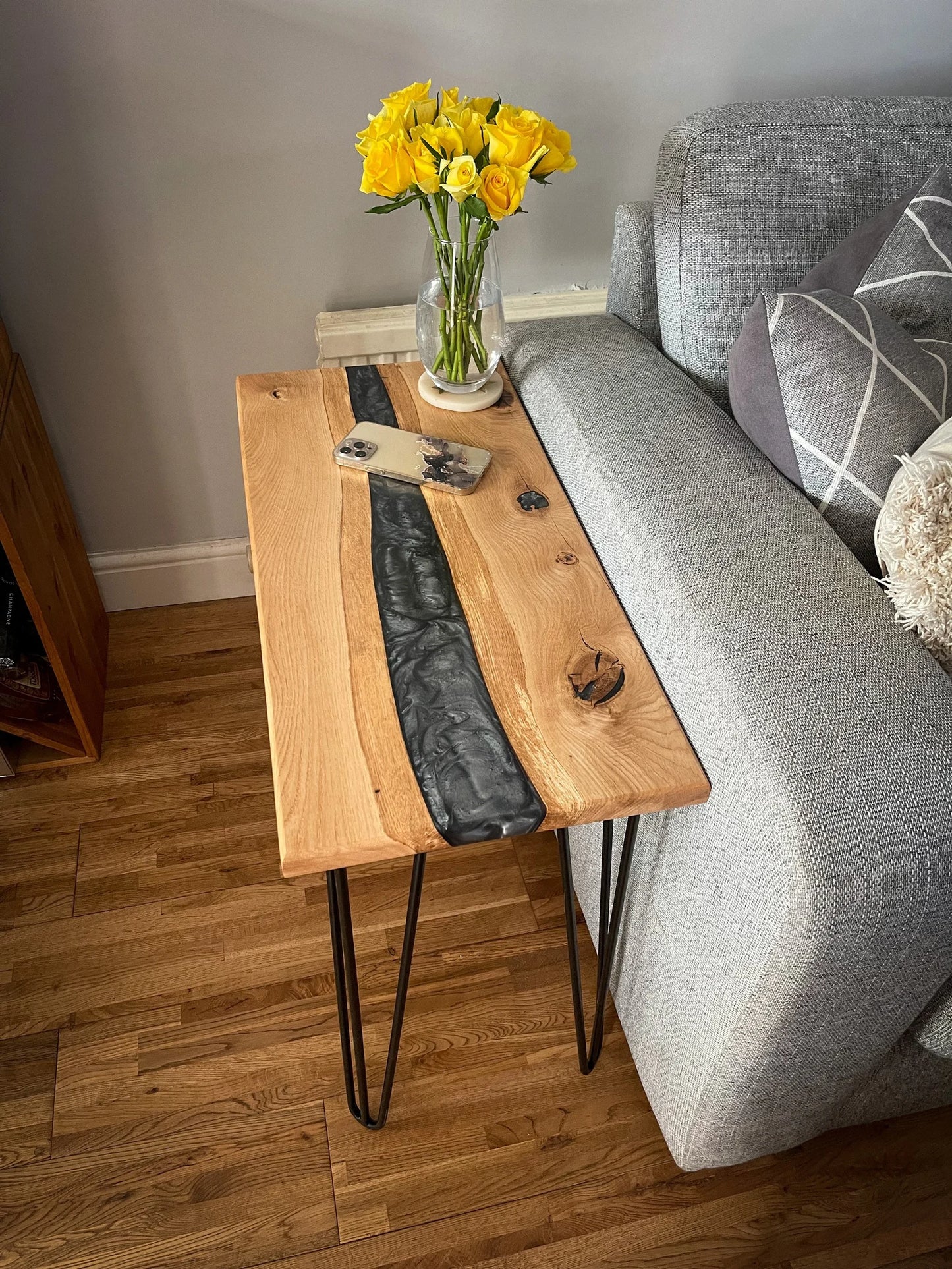 Oak Wood and Smoked Silver Epoxy Resin River Side Table