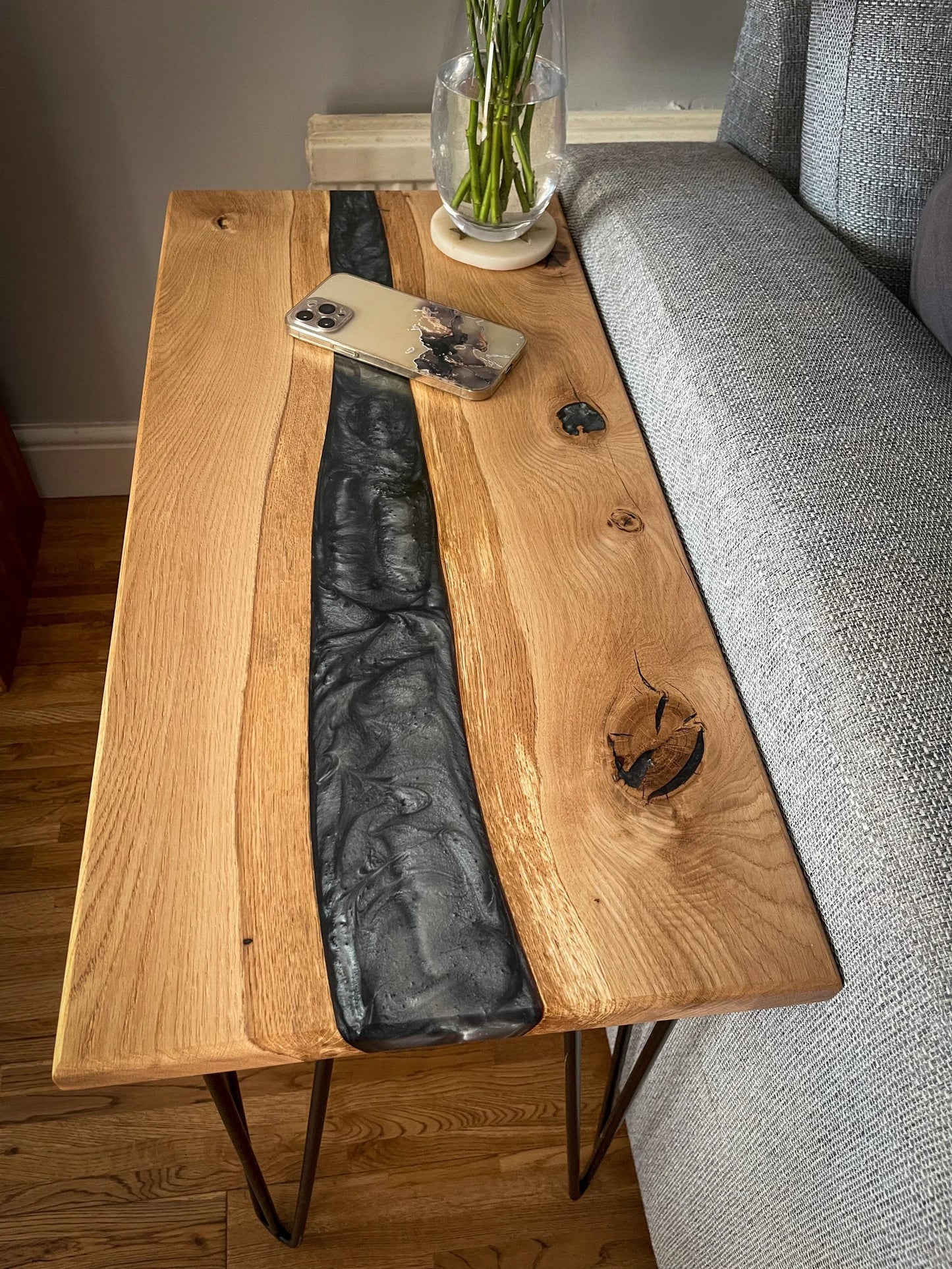 Oak Wood and Smoked Silver Epoxy Resin River Side Table