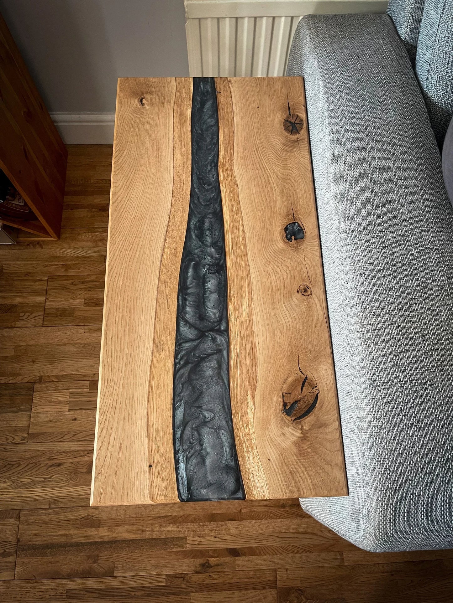 Oak Wood and Smoked Silver Epoxy Resin River Side Table